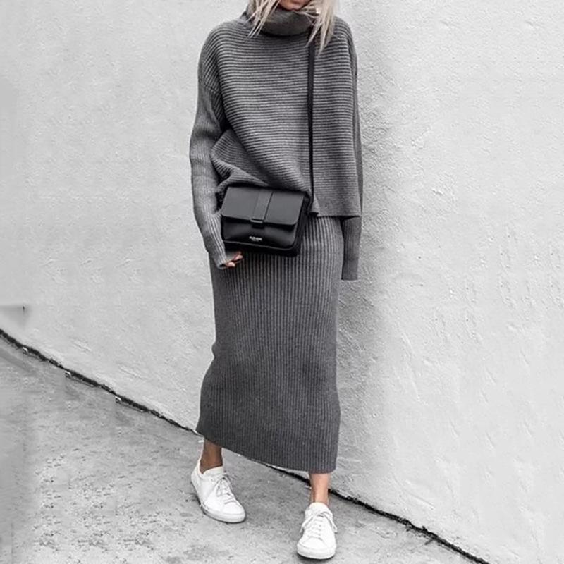 Completo Elegante e Alla Moda a Collo Alto di Colore Unito in Due Pezzi