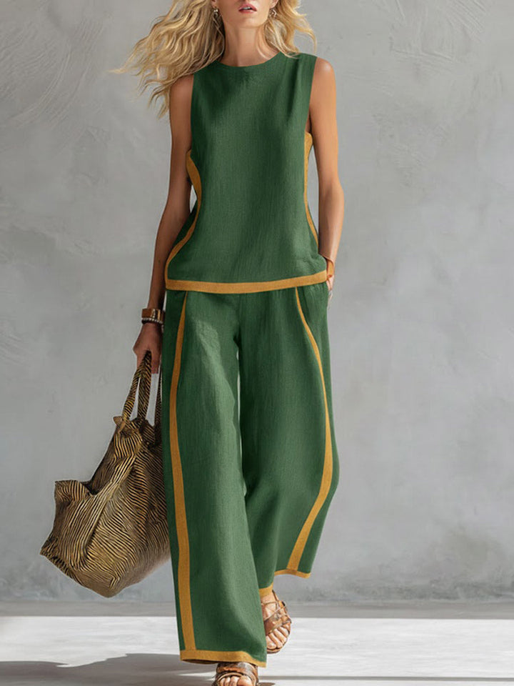 Top Casual Senza Maniche con Collo Rotondo e Pantaloni a Vita Alta a Gamba Larga