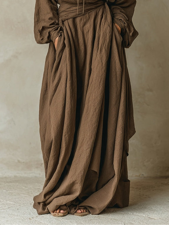 Abito maxi lungo in lino cotone finto marrone con cappuccio