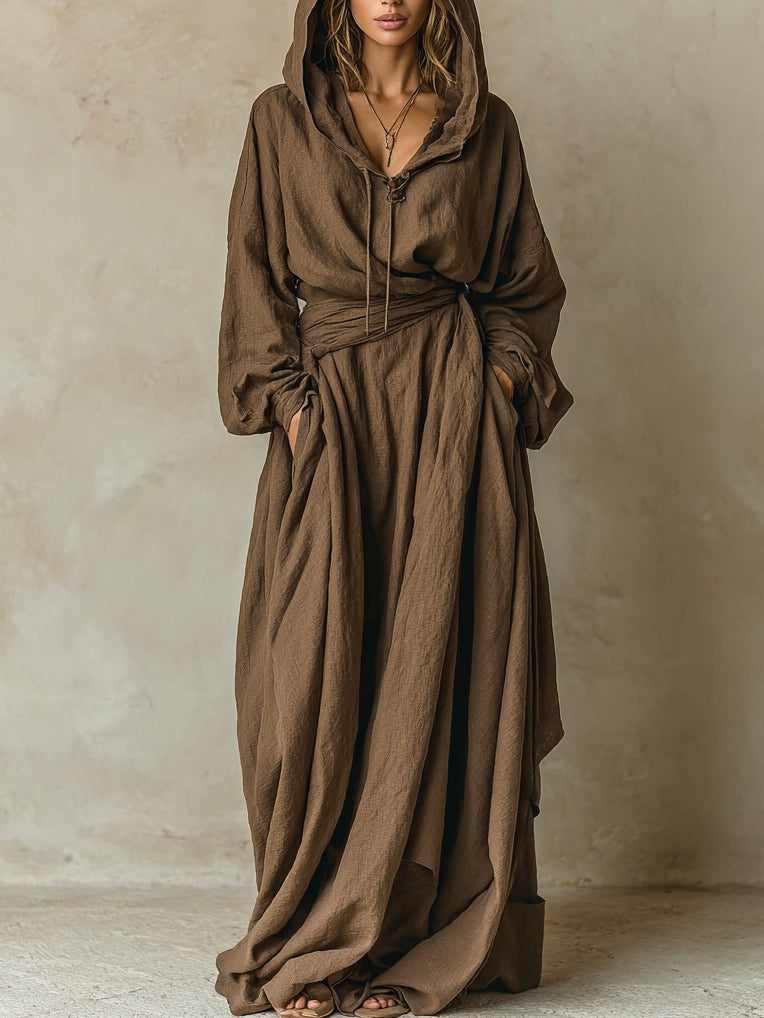 Abito maxi loose con cappuccio in lino cotone marrone