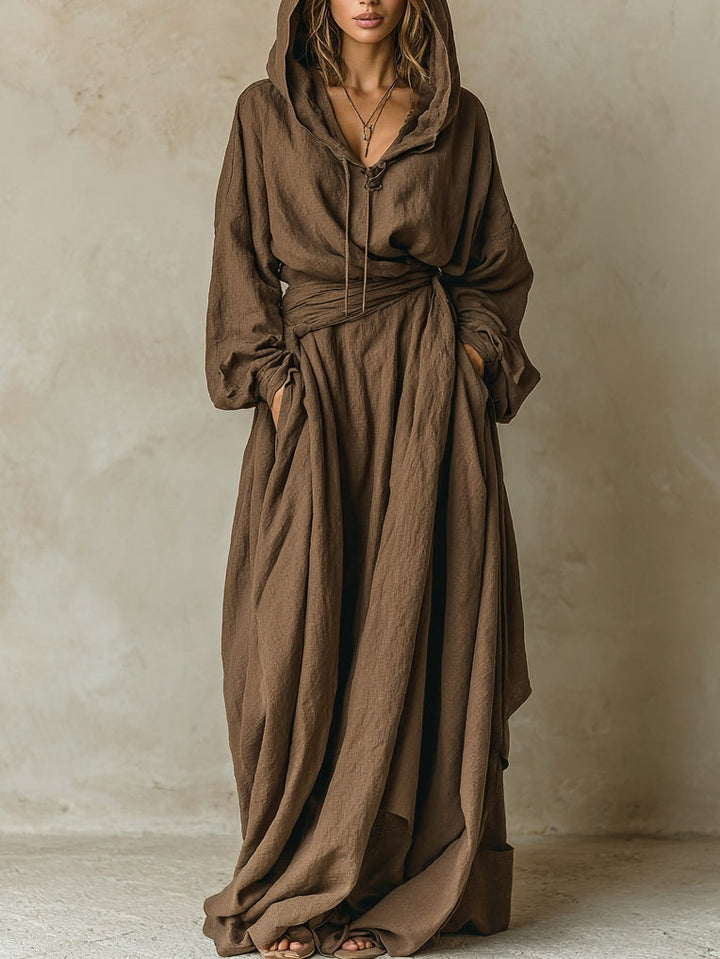Abito maxi loose in lino cotone finto marrone con cappuccio
