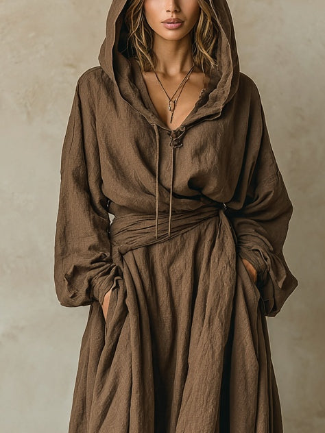Abito maxi lungo in lino cotone finto marrone con cappuccio