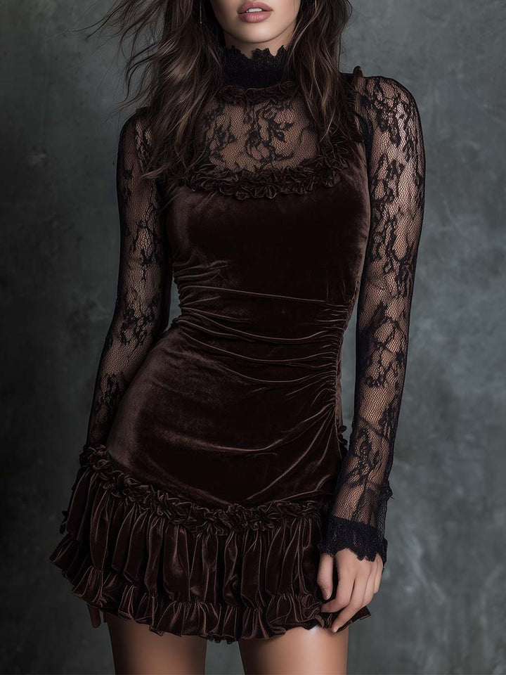 Abito mini in pizzo vellutato chocolate goth con pieghe