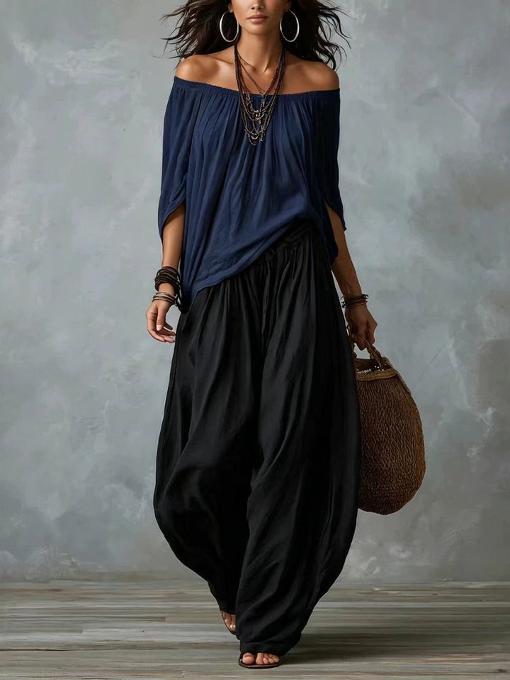 Top Bianco Off-the-shoulder E Set Di Pantaloni Lantern Comodi