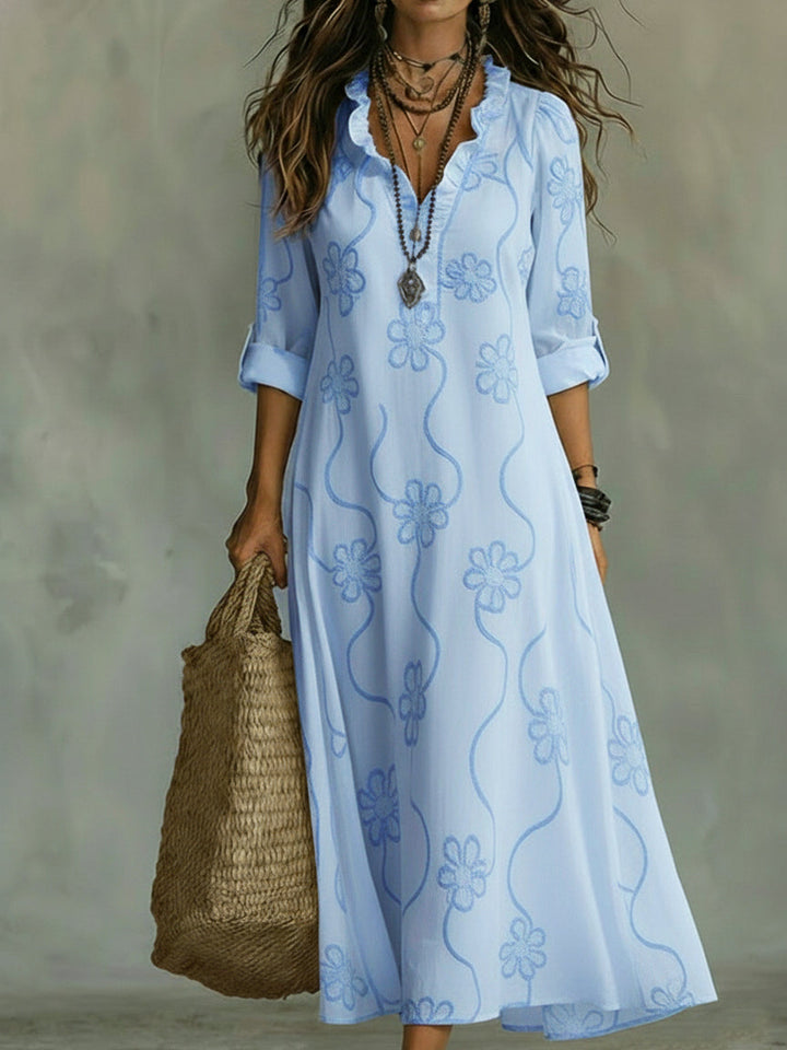 Abito Midi con Colletto Ruffle e Stampa Floreale Elegante