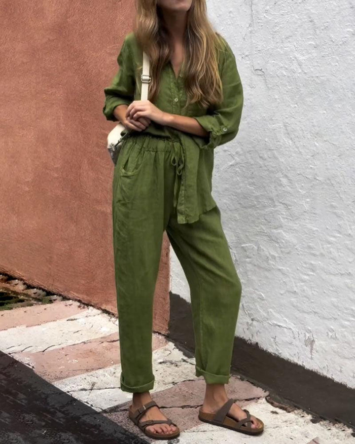 Set di Due Pezzi in Cotone Lino con Maglietta e Pantaloni V-Neck a Colore Solido