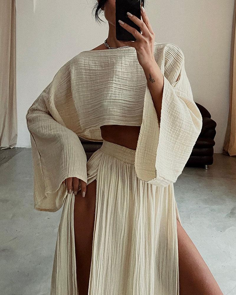 Set casual chic in cotone e lino con spacco
