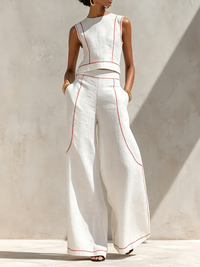 Set Blusa e Pantaloni a Gamba Larga in Lino Minimalista da Donna