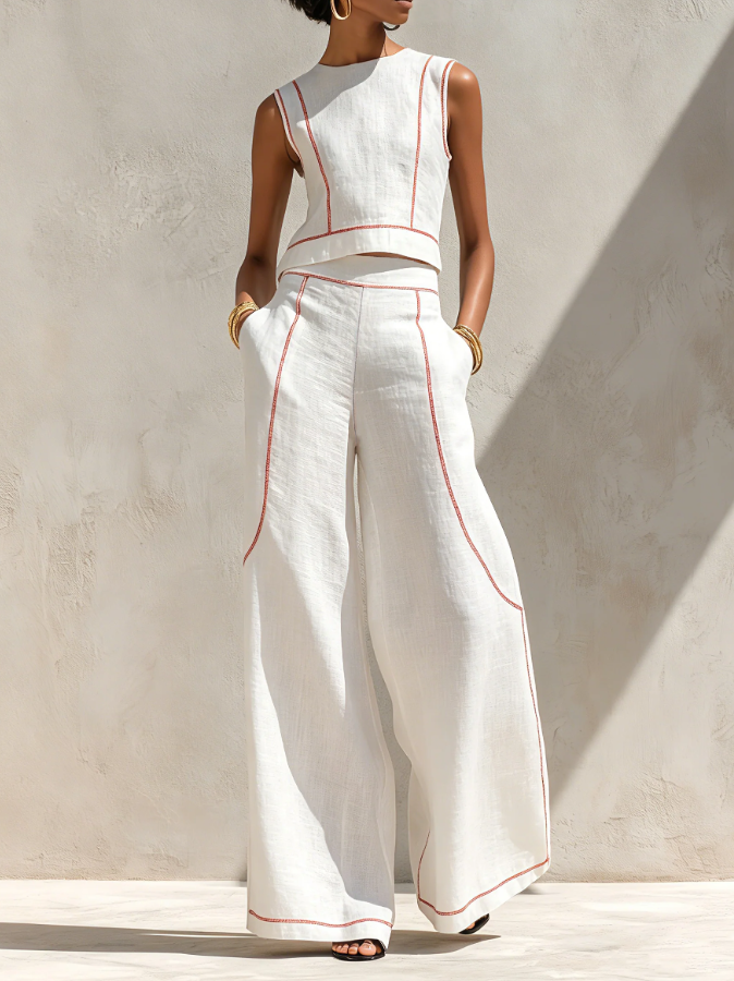 Set Blusa e Pantaloni a Gamba Larga in Lino Minimalista da Donna