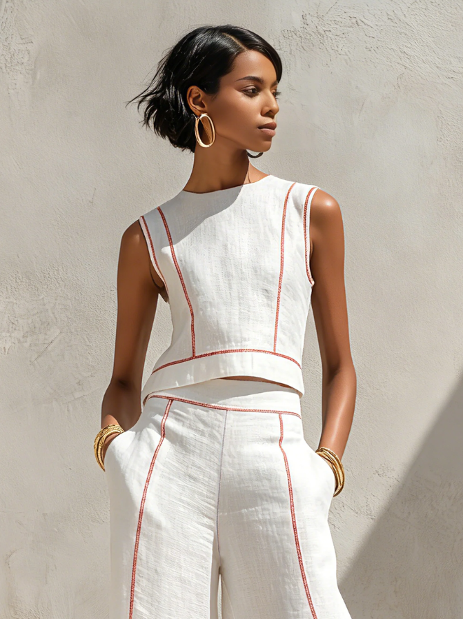 Set Blusa e Pantaloni a Gamba Larga in Lino Minimalista da Donna