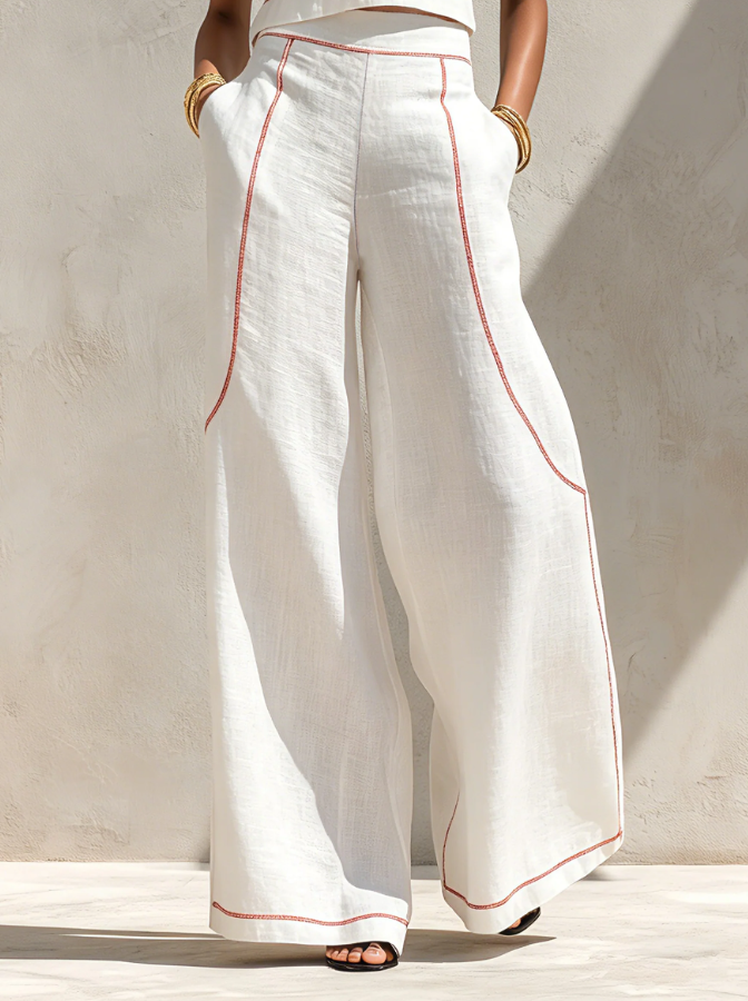 Set Blusa e Pantaloni a Gamba Larga in Lino Minimalista da Donna