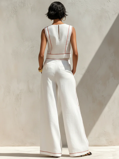 Set Blusa e Pantaloni a Gamba Larga in Lino Minimalista da Donna
