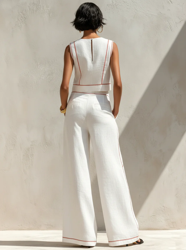 Set Blusa e Pantaloni a Gamba Larga in Lino Minimalista da Donna