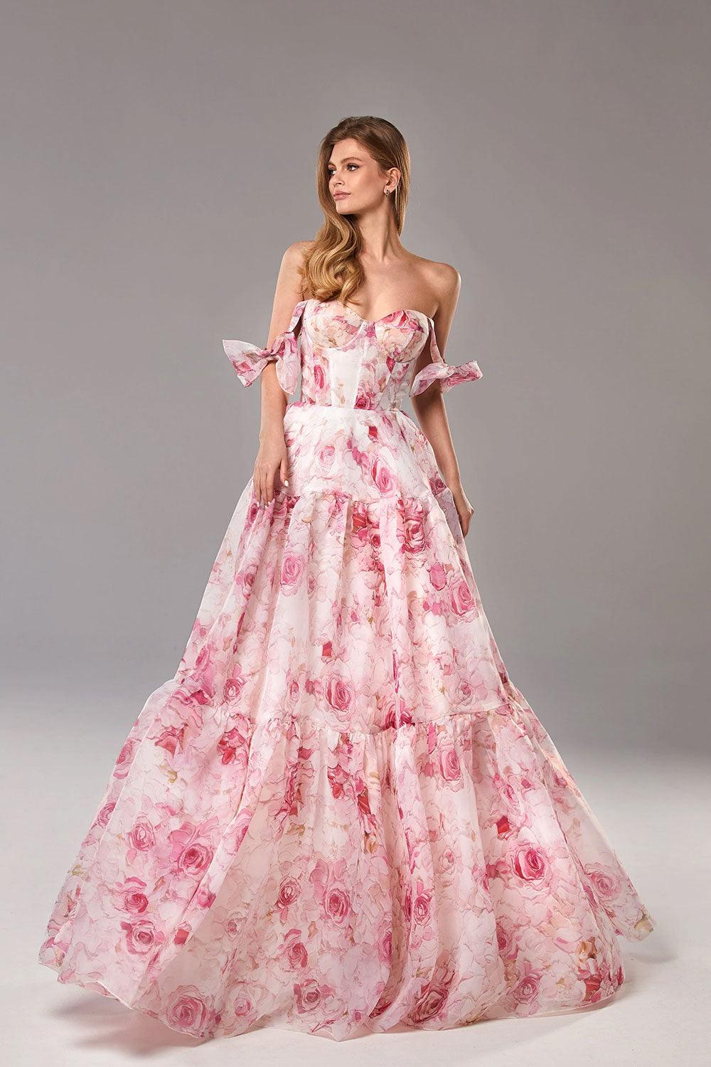 Abito Maxi con Spalline a Nastro e Stampa Floreale in Organza