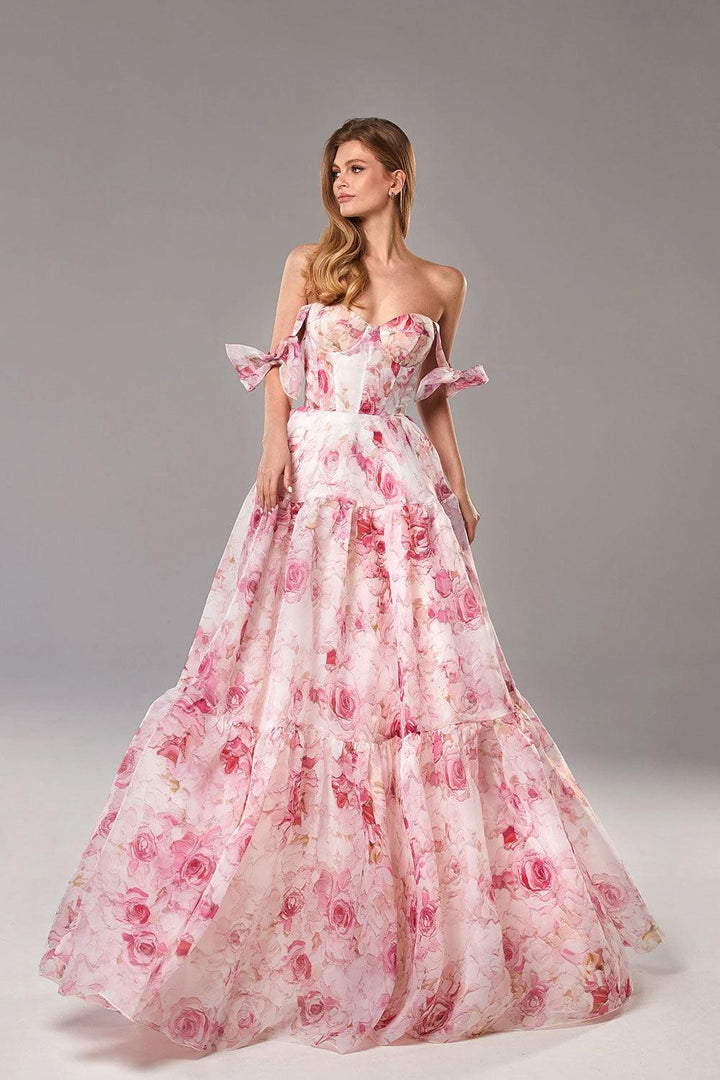 Abito Maxi con Spalline a Nastro e Stampa Floreale in Organza