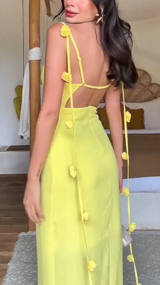 Abito Maxi Halter con Spalline a Fiore Senza Schiena