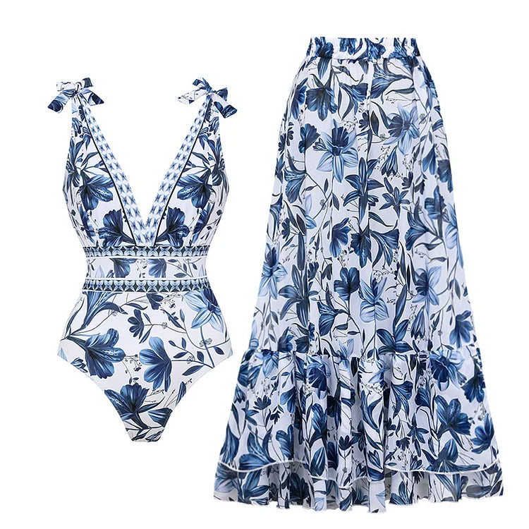 Costume da Bagno One Piece con Scollatura a V e Gonna02