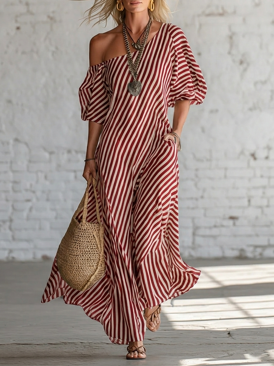 Abito Maxi Elegante e Classico a Righe con Spalle Scoperte