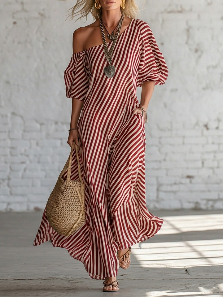 Abito Maxi Elegante e Classico a Righe con Spalle Scoperte