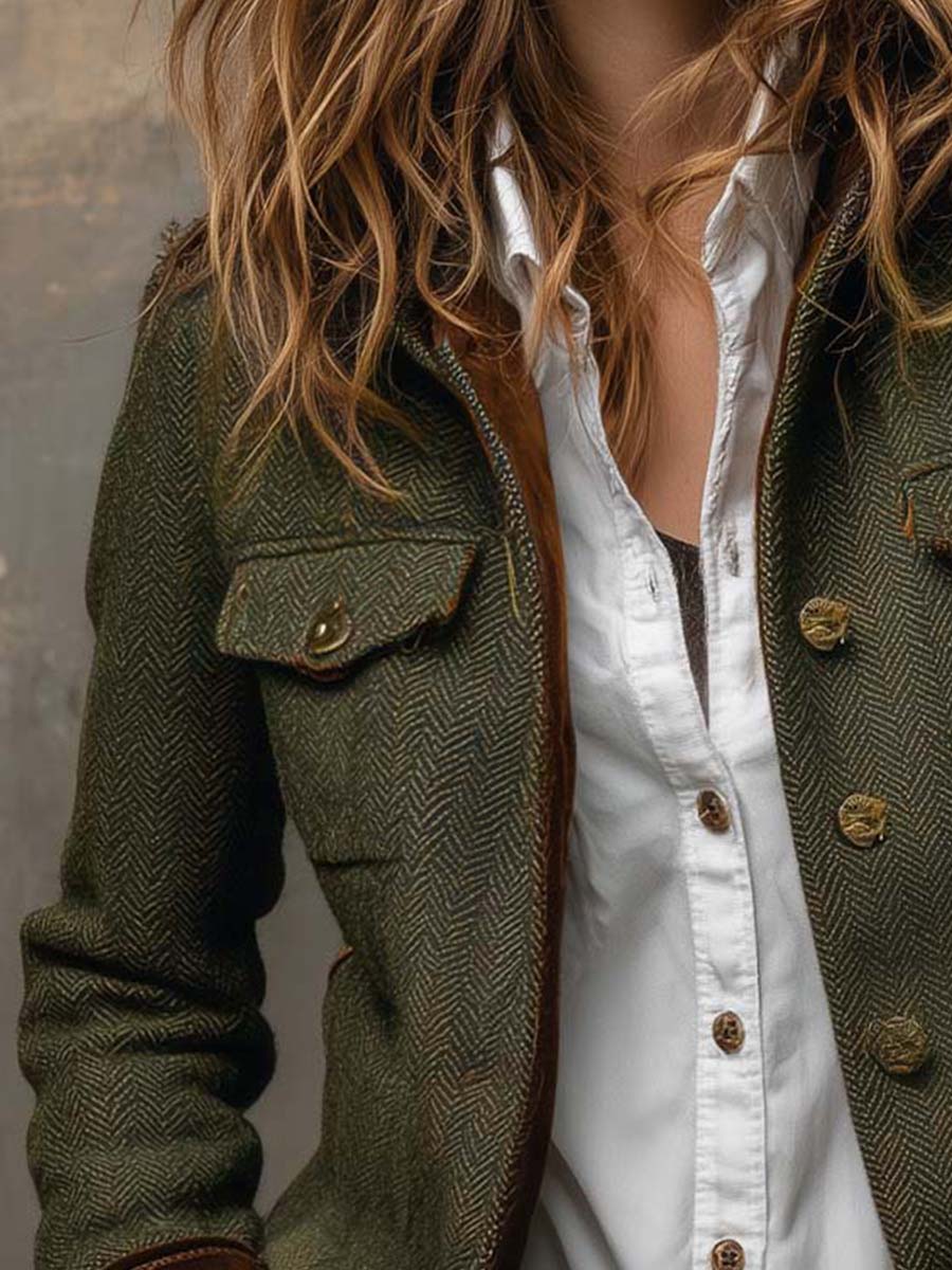 Blazer Vintage Femminile con Rifiniture a V Chevron