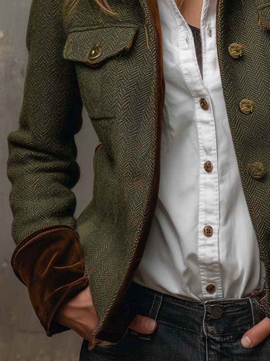Blazer Vintage Femminile con Rifiniture a V Chevron