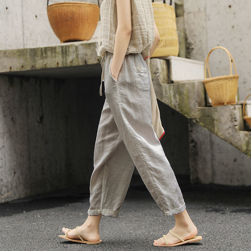 Pantaloni Casual Larghi in Cotone e Lino a Colore Unito