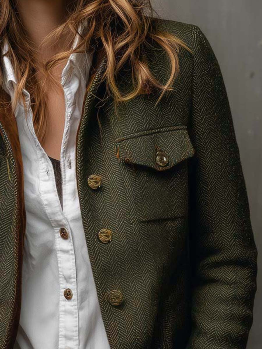 Blazer Vintage Femminile con Rifiniture a V Chevron