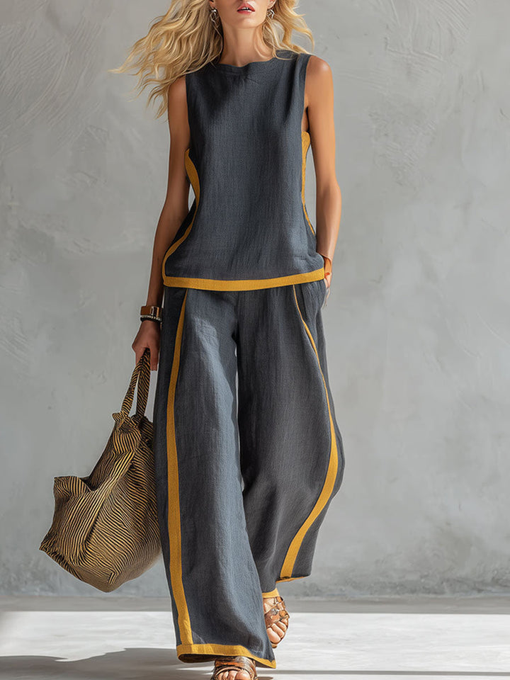 Top Casual Senza Maniche con Collo Rotondo e Pantaloni a Vita Alta a Gamba Larga
