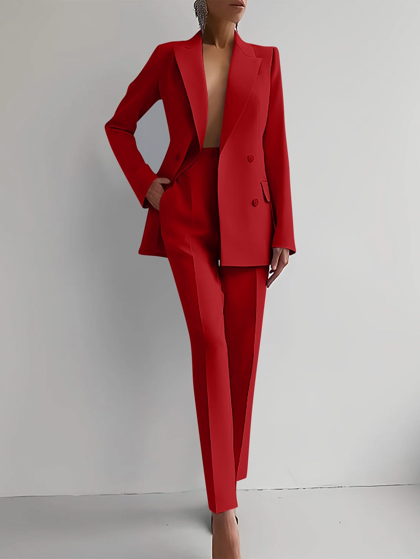 Blazer e Pantaloni a Vita Alta di Colore Solido per Commuting Casual