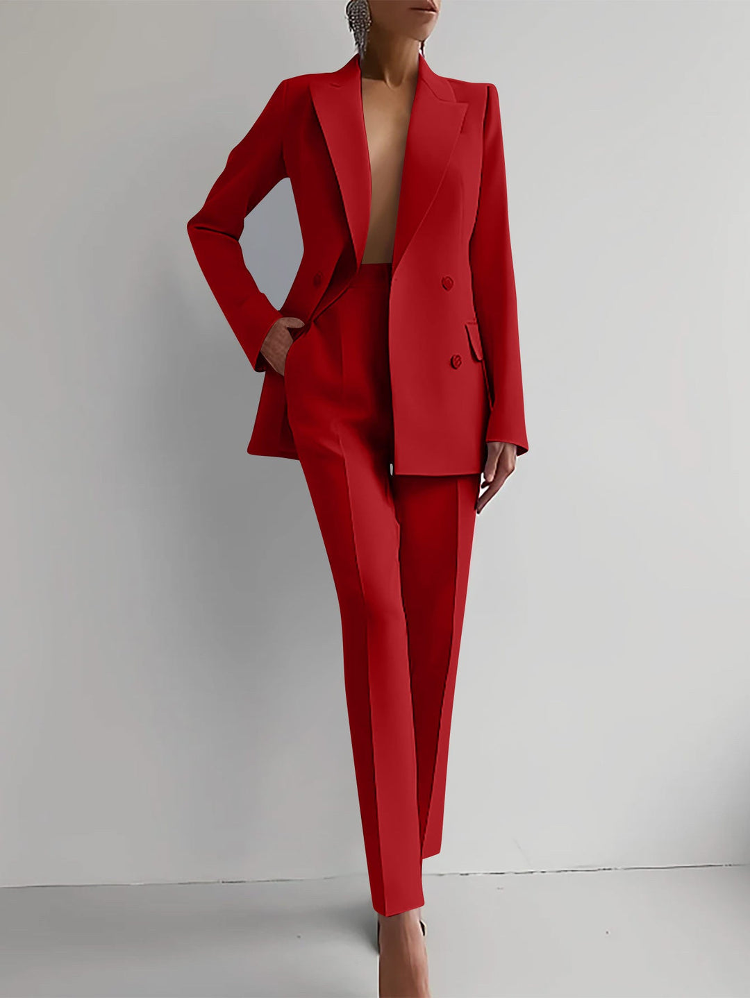 Blazer e Pantaloni a Vita Alta in Colore Solido per Commuting Casual