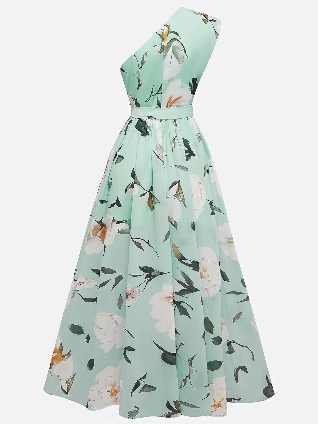 Abito Maxy in Chiffon Verde Chiaro a Fiori con Spalla Scoperta