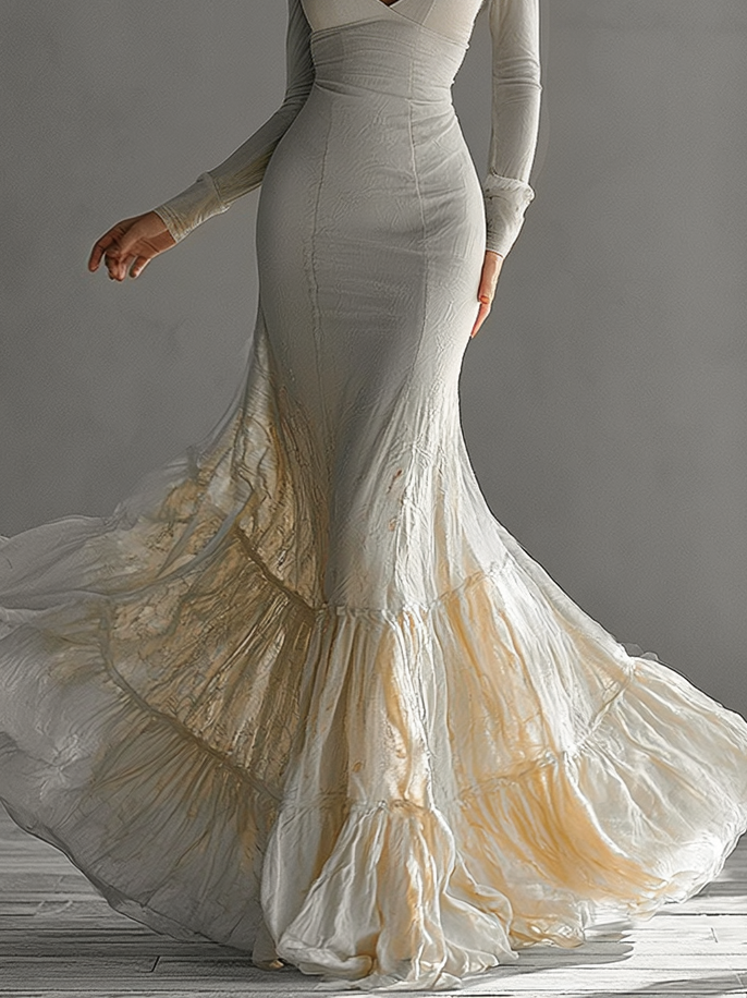 Abito Elegante a Sirena con Scollo a V Profondo e Maniche Lunghe