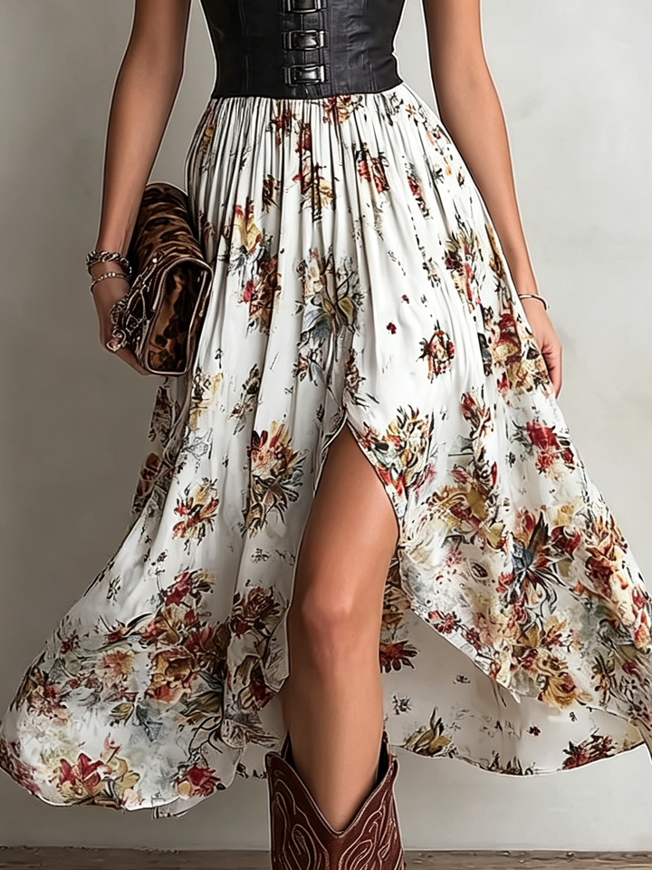 Abito Midi con Maniche Fluttuanti in Pelle Asimmetrica