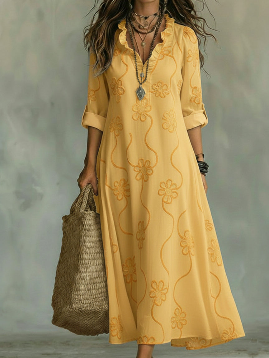 Abito Midi con Collo Ruffle a Stampa Floreale Elegante