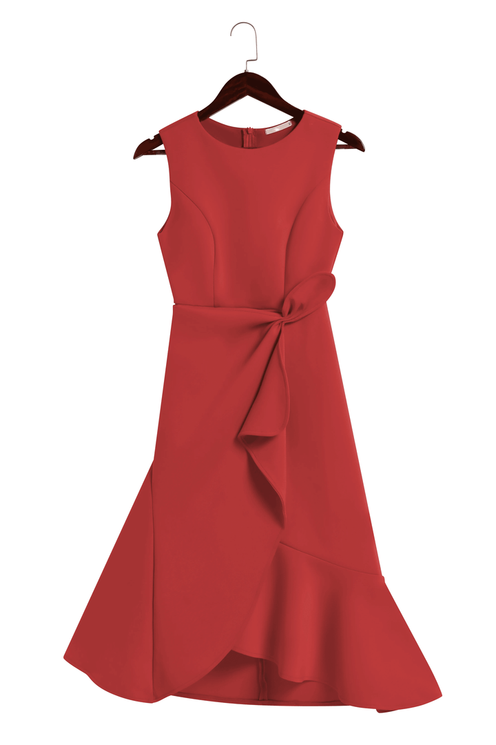 Abito Elegante Midi Rosso Senza Maniche con Nodo in Vita per Giorno e Notte
