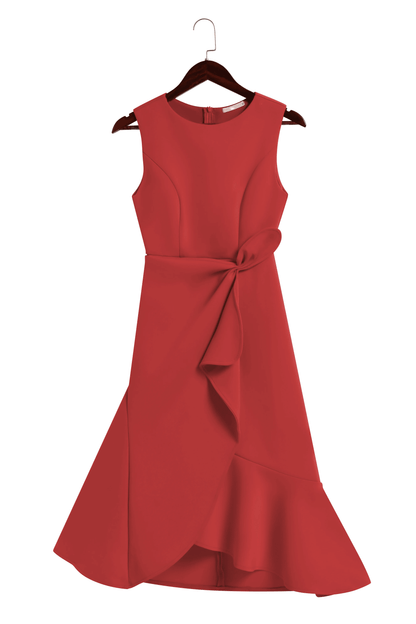 Abito Midi Elegante Rosso Senza Maniche con Nodo in Vita per Giorno e Notte
