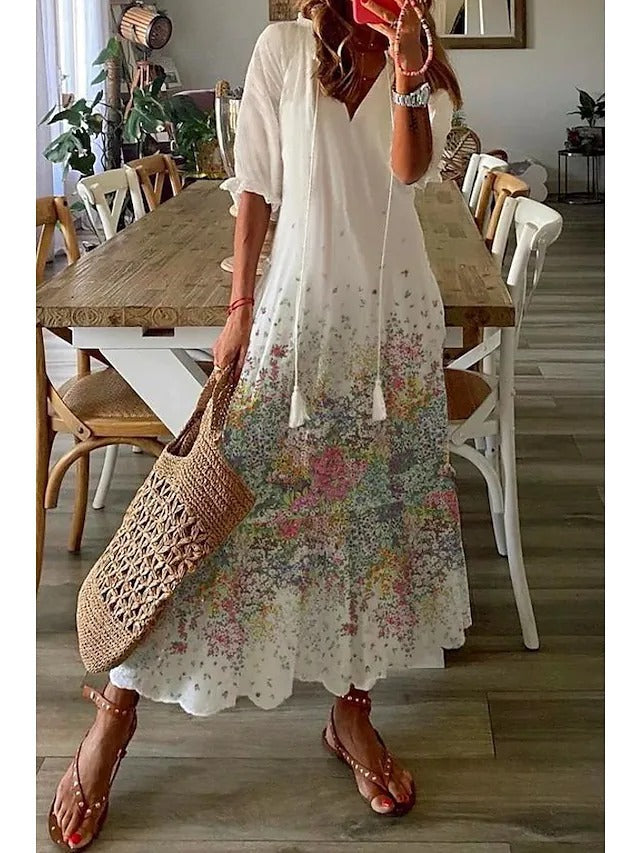Abito Lungo Stampato Casual con Scollo a V