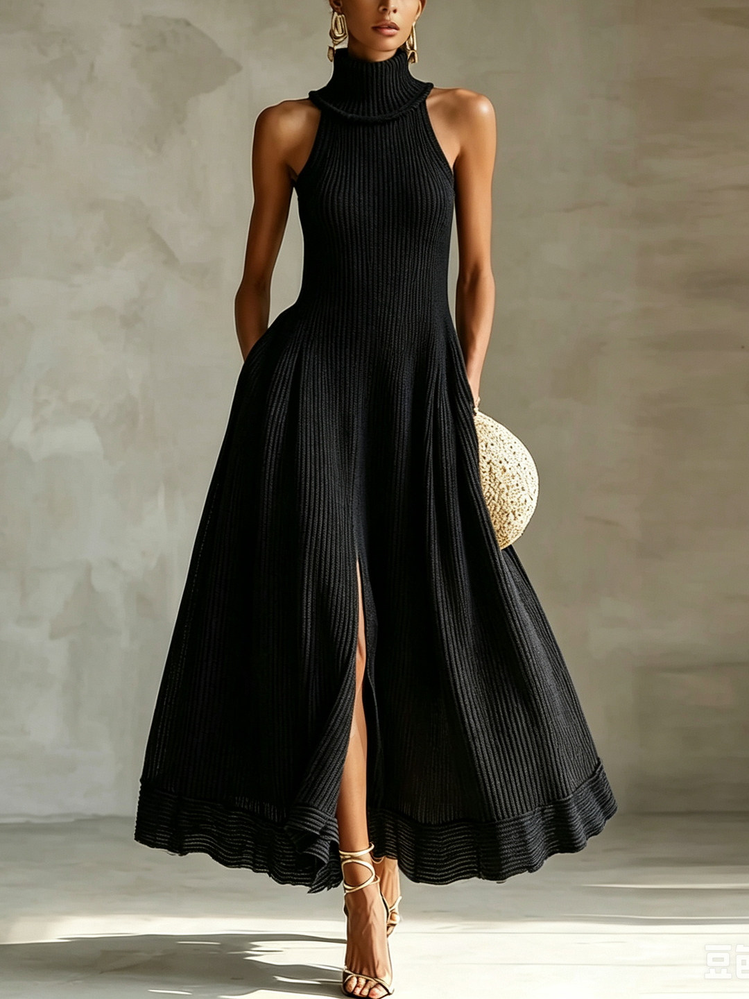 Abito Maxi A-Line Elegante a Righe Senza Maniche in Maglia Stretch