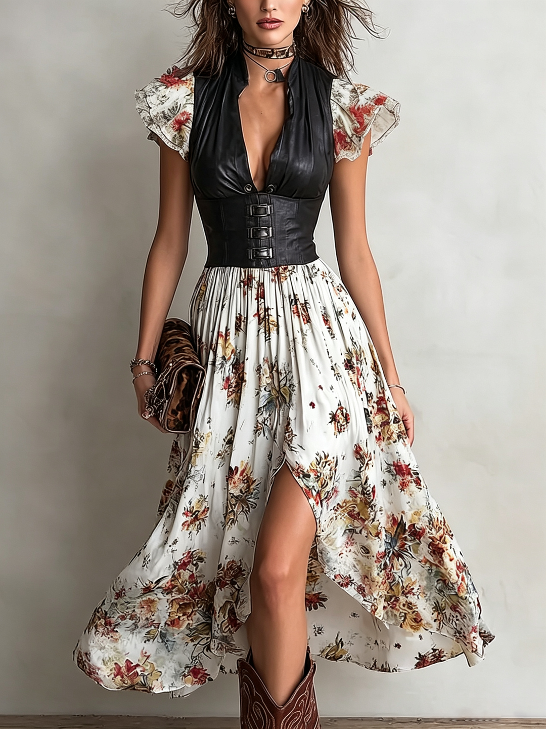 Abito Midi con Maniche Fluttuanti in Pelle Asimmetrica