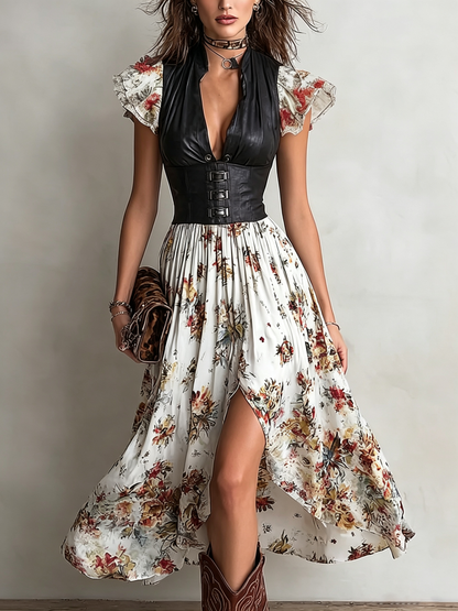 Abito Midi con Maniche Fluttuanti in Pelle Asimmetrica