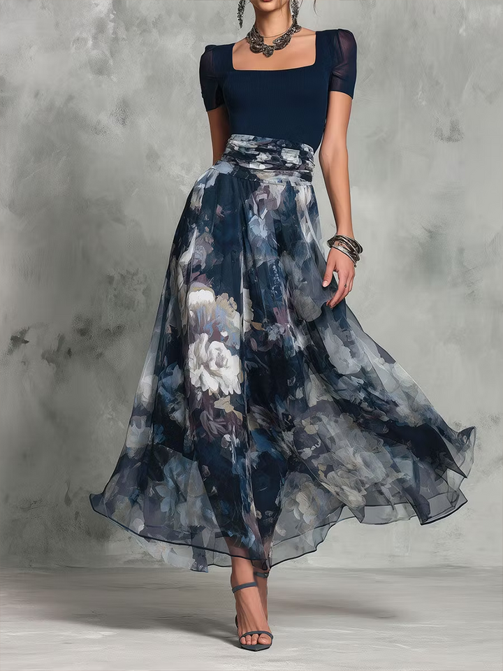 Abito Maxi Elegante A-Line con Stampa Floreale Blu e Scollo Quadrato con Cintura