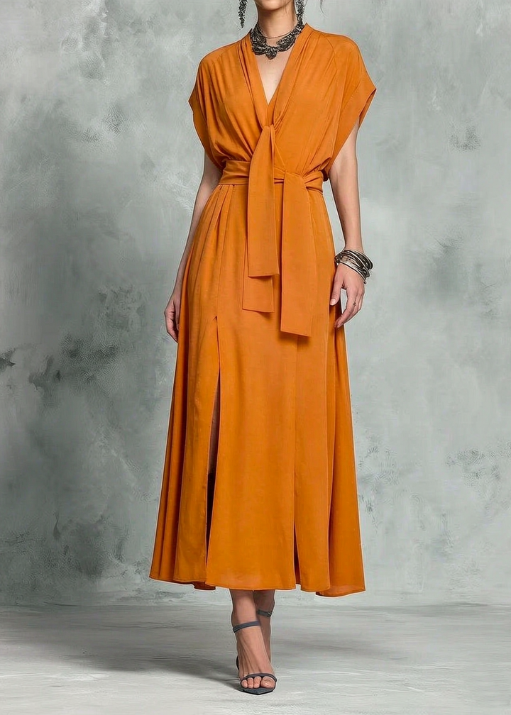 Abito Maxi Elegante Arancione con Scollo a V e Cintura