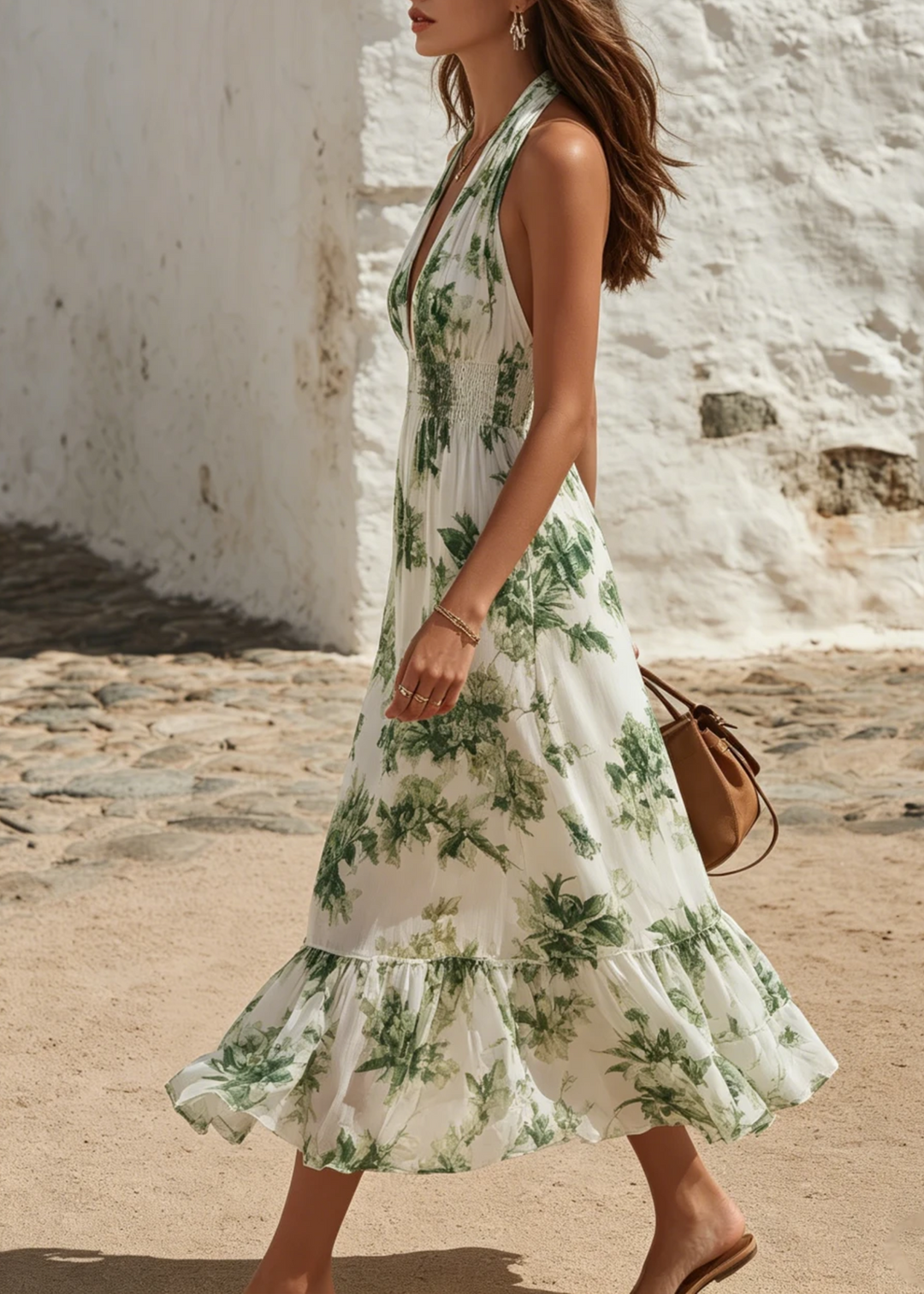 Abito Midi con Stampa Floreale Verde e Rouches