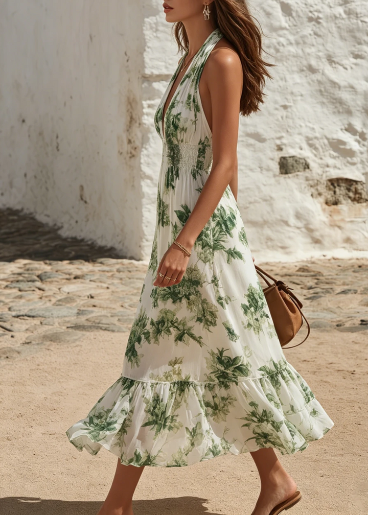 Abito Midi con Stampa Floreale Verde e Rouches