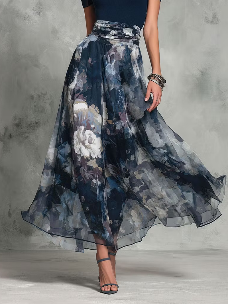 Abito Maxi Elegante A-Line con Stampa Floreale Blu e Scollo Quadrato con Cintura