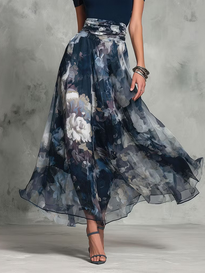 Abito Maxi Elegante A-Line con Stampa Floreale Blu e Scollo Quadrato con Cintura