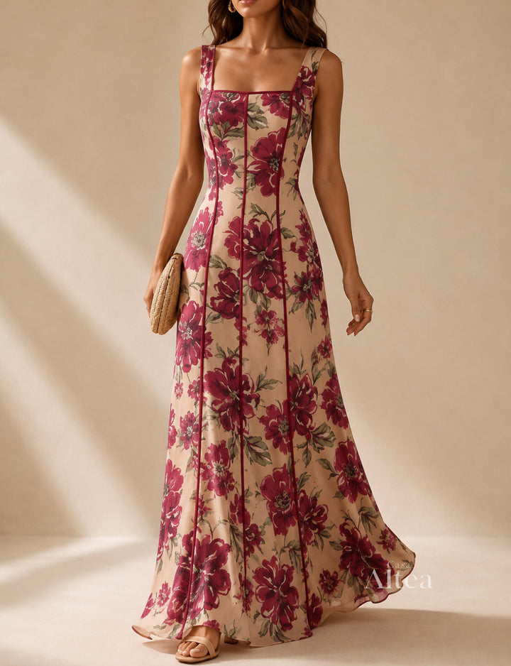 Valeria Vestito Maxi Floreale con Scollatura Quadrata