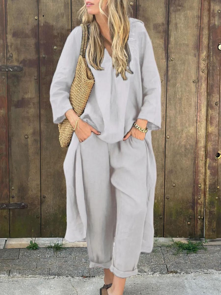 Set Top in Lino Irregolare con Scollo a V e Pantaloni Larghi a Vita Alta con Tasche