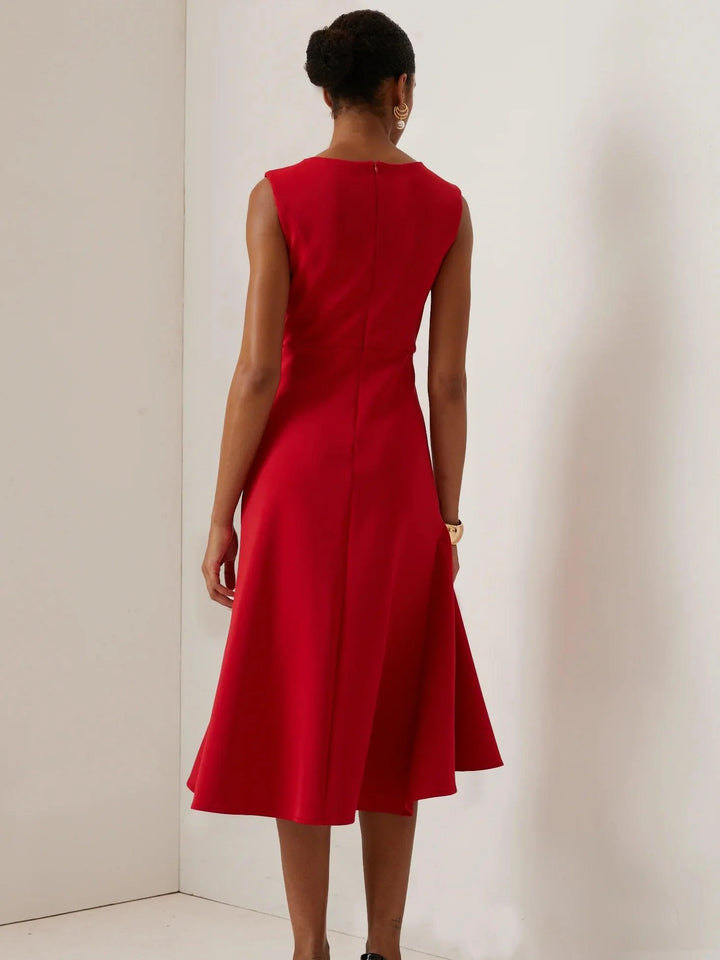 Abito Elegante Midi Rosso Senza Maniche con Nodo in Vita per Giorno e Notte