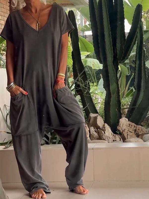 Tuta Casual con Collo a V in Colore Unito